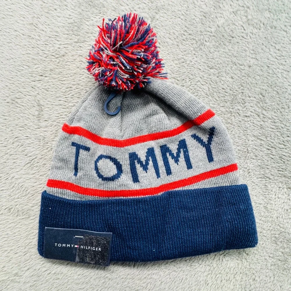 Tommy Hilfiger Men's Gray Blue Pom Pom Beanie Hat OS New With Tags MSRP‎ $42